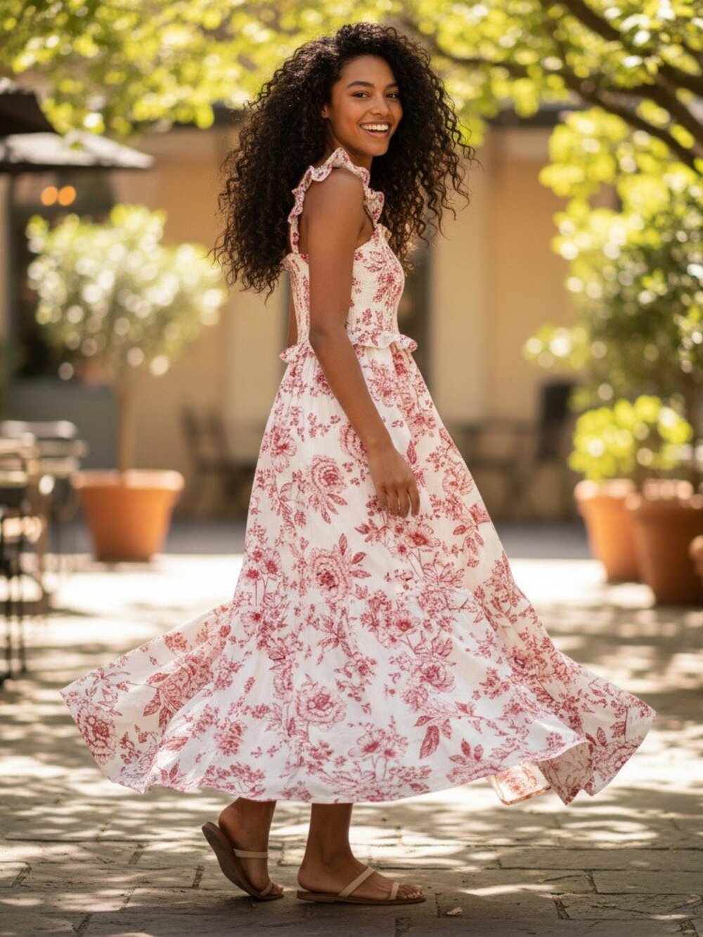 Floral Ruffle-Strap Maxi Dress in White and Blush